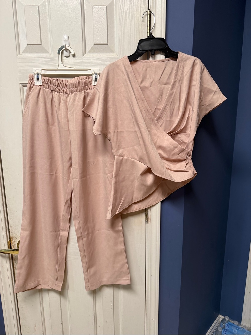 Womens Pink Two-Piece Lounge Set - Wrap Top & Elastic Waist Pants S